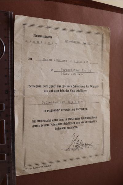 Old handover card for the military record of the fallen son - Ulm - 1942
